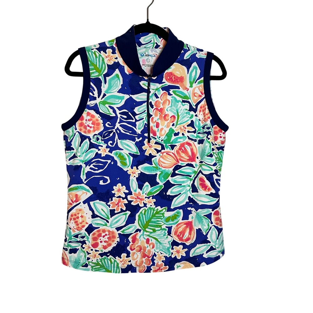 IBKUL Womens Large Sleeveless Golf Polo Shirt Blue Tropical Fruit Floral Zip Top